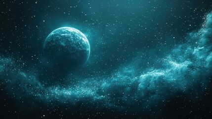 Obraz premium Astronomical Scene Featuring a Blue Planet Amidst Nebulae and Stars