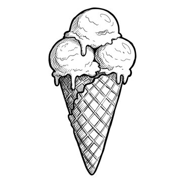Hand-drawn ice cream cone with three scoops and drips  