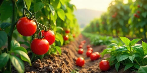 Sun-drenched tomatoes ripening on the vine amongst rows of basil and oregano in a vibrant Italian food plantation A picturesque scene of abundance and natural flavors , agriculture, healthy, food
