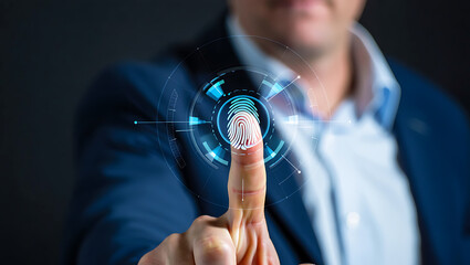 Man using biometric fingerprint scanner digital interface