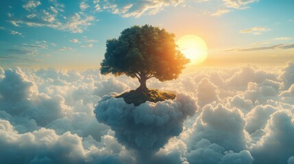 Solitary Tree on a Cloud Island at Sunset