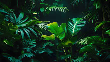 Natural sunlight on deep green tropical leaves high resolution image