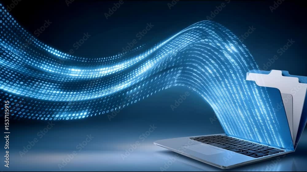 Poster digital data transfer with laptop showing flowing binary code and file transfer technology symbolizi