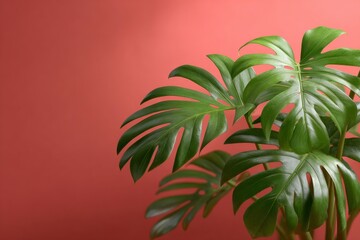 Fototapeta premium Monstera plant on a warm coral background leaves filling the right