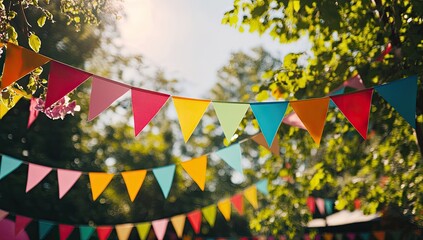 Colorful triangular flags adorn a sunny outdoor space