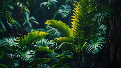 Tropical green jungle leaves in natural rainforest setting high resolution image