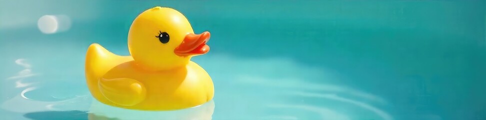 Adorable yellow rubber duckling, perfect for bath time fun, floats serenely in a clear tub A classic childhood toy, capturing innocence and joy , playful, floating, plastic