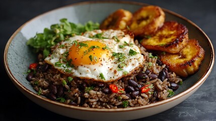 Gallo pinto dish with fried egg and plantain chips