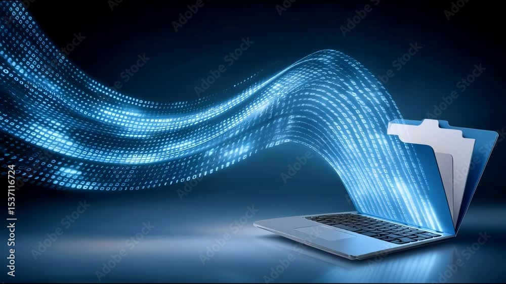 Poster digital data stream flowing from laptop folder icon with glowing binary code, technology concept sho