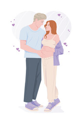 Young couple lovingly embracing while man touches pregnant woman's belly, flat graphic style, white background with heart shapes, concept of parenthood and love. Vector illustration