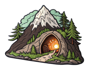Exploring a magical mountain cave nature scene adventure vibrant landscape fantasy perspective. Patch concept png