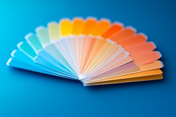 Color palette guide fanned out on a blue background showing a gradient of variations