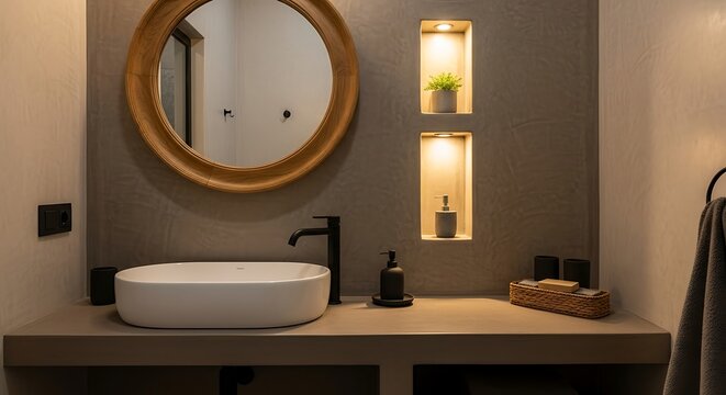 Elegant bathroom interior with modern fixtures and minimalist decorative details showcasing serene ambiance
