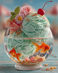 Mint Cherry Ice Cream with Goldfish in Bowl – Creative Summer Surreal Food Concept