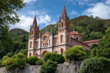 Ornate cathedral with twin spires stands amid lush greenery under a partly cloudy sky