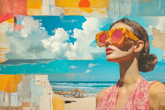 Contemporary art collage featuring a woman wearing sunglasses, dreaming of a sunny beach with blue sky and clouds