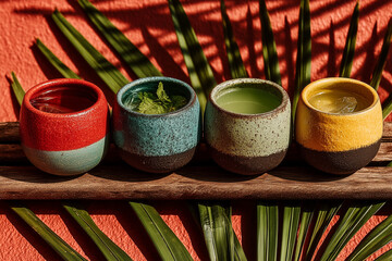 Handcrafted Ceramic Cups with Tropical Herbal Teas by Orange Wall