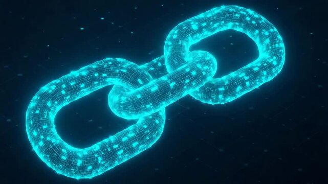 A glowing blue digital chain representing blockchain technology, symbolizing security and connectivity in a virtual environment. Perfect for illustrating concepts of innovation.