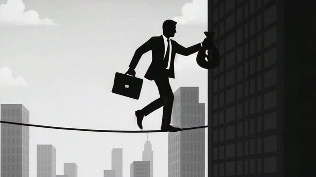 A determined businessman expertly balances on a tightrope, clutching a briefcase and a bag of money, symbolizing the challenges and risks in the corporate world. Inspire ambition.