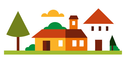 house and village courtyard vector art illustration