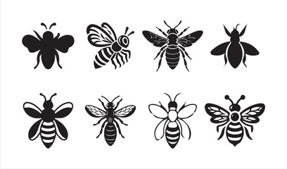 Bee Outline and Silhouette Set , Black Insect Vector illustration eps 10