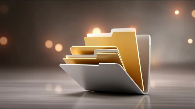 Golden and silver folder icon glowing with soft bokeh lights symbolizing digital data organization and file management in warm, reflective atmosphere
