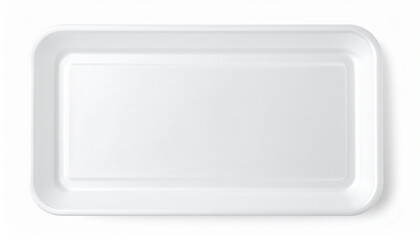 Empty white plastic tray isolated on white backdrop. Top view.