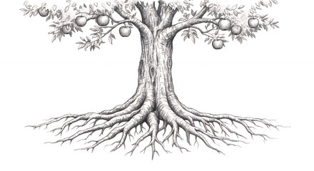 Detailed grayscale tree illustration with roots and branches