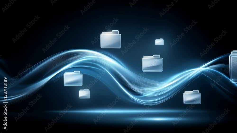 Poster digital folder icon with blue wave lines symbolizing data transfer and cloud technology, abstract de