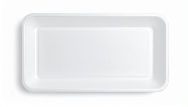 Empty white plastic tray isolated on white backdrop. Top view.