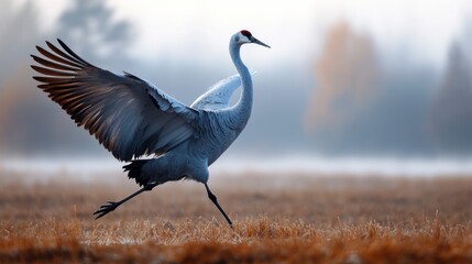 Fototapeta premium Elegant crane takes a confident stride across sunlit field with wings partly outstretched