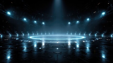 Futuristic Cyberpunk Exhibition Stage: Illuminated Circular Platform in Dark Blue-lit Tech Environment. Mysterious High-tech Backdrop for Product Launches, Automotive Showcases, and Cutting-edge Prese
