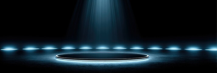 Futuristic Cyberpunk Exhibition Stage: Illuminated Circular Platform in Dark Blue-lit Tech Environment. Mysterious High-tech Backdrop for Product Launches, Automotive Showcases, and Cutting-edge Prese