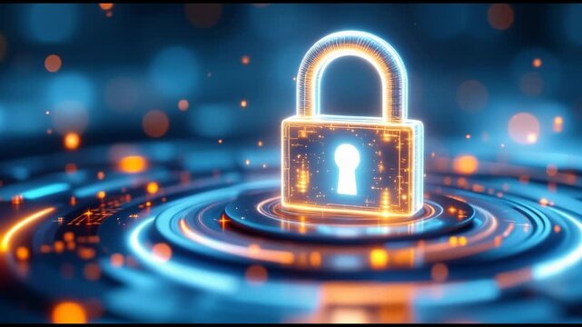 Digital lock glowing neon on futuristic blue and orange circuit board, symbolizing advanced security, data protection, and cutting edge technology