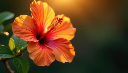 Obraz premium Luminous orange hibiscus, crimson accents, sunlit petals, day, color