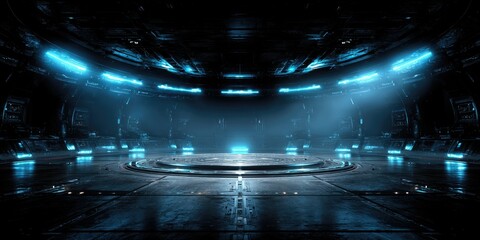 Futuristic Cyberpunk Exhibition Stage: Illuminated Circular Platform in Dark Blue-lit Tech Environment. Mysterious High-tech Backdrop for Product Launches, Automotive Showcases, and Cutting-edge Prese