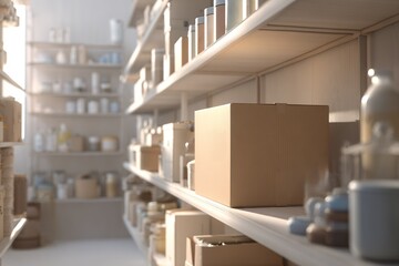 Shelves filled with various jars and containers in a well-lit storage area during day time