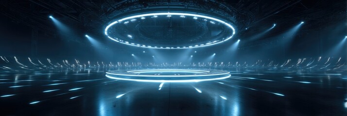 Futuristic Cyberpunk Exhibition Stage: Illuminated Circular Platform in Dark Blue-lit Tech Environment. Mysterious High-tech Backdrop for Product Launches, Automotive Showcases, and Cutting-edge Prese