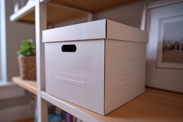 Storage box on wooden shelf in a bright room with greenery and framed pictures