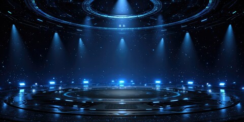 Futuristic Cyberpunk Exhibition Stage: Illuminated Circular Platform in Dark Blue-lit Tech Environment. Mysterious High-tech Backdrop for Product Launches, Automotive Showcases, and Cutting-edge Prese