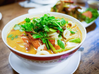 Delicious noodle soup street stall food vibrant colors top view culinary experience