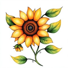 Vibrant Yellow Sunflower Illustration with Green Leaves and Bud