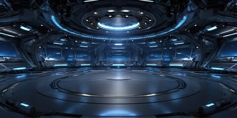 Futuristic Cyberpunk Exhibition Stage: Illuminated Circular Platform in Dark Blue-lit Tech Environment. Mysterious High-tech Backdrop for Product Launches, Automotive Showcases, and Cutting-edge Prese