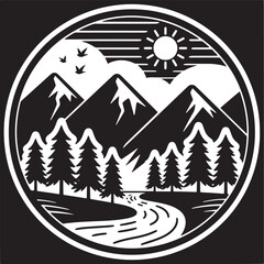Christmas vector illustration of a winter forest landscape with snow-covered pine trees and holiday decorations