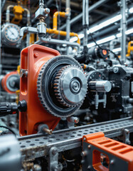 Fototapeta premium Industrial machinery gear with orange metal parts and mechanical components in factory