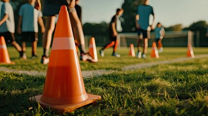 Young athletes engage in skill-building exercises on the soccer field, focusing on teamwork and coordination as the sun sets - Powered by Adobe