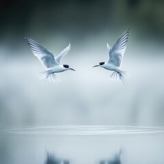 Obraz premium Two arctic terns in flight, serene misty morning