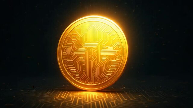 A shining golden cryptocurrency coin with intricate circuit designs, symbolizing the futuristic financial world