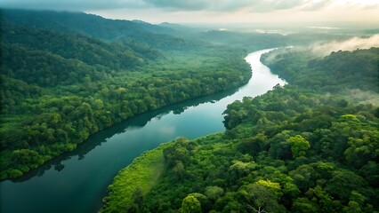 Aerial view of serene river winding through lush rainforest