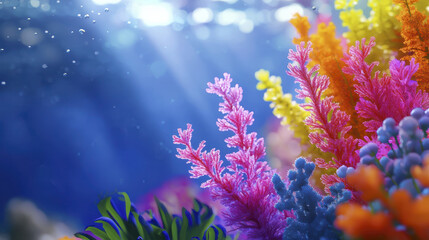 Fototapeta premium Vibrant coral reef with colorful corals underwater scene marine life ocean sunlight aquatic plants blue water biodiversity